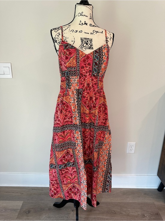 Old Navy Dresses & Skirts - Old Navy Coral-Red and Orange Patterned patchwork strapless Midi Dress size M